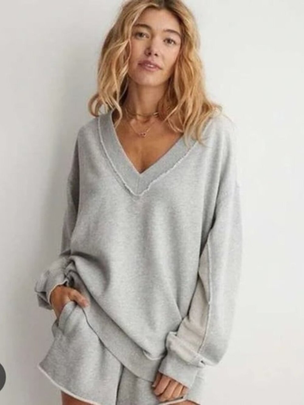 Aerie Vacay Everyday V-Neck Sweatshirt Gray Large